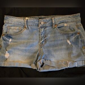 Aeropostale light Juniors blue denim shorts with gold contrast stitching